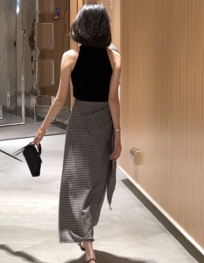 Halter knitted skirt black-white tops a set for women