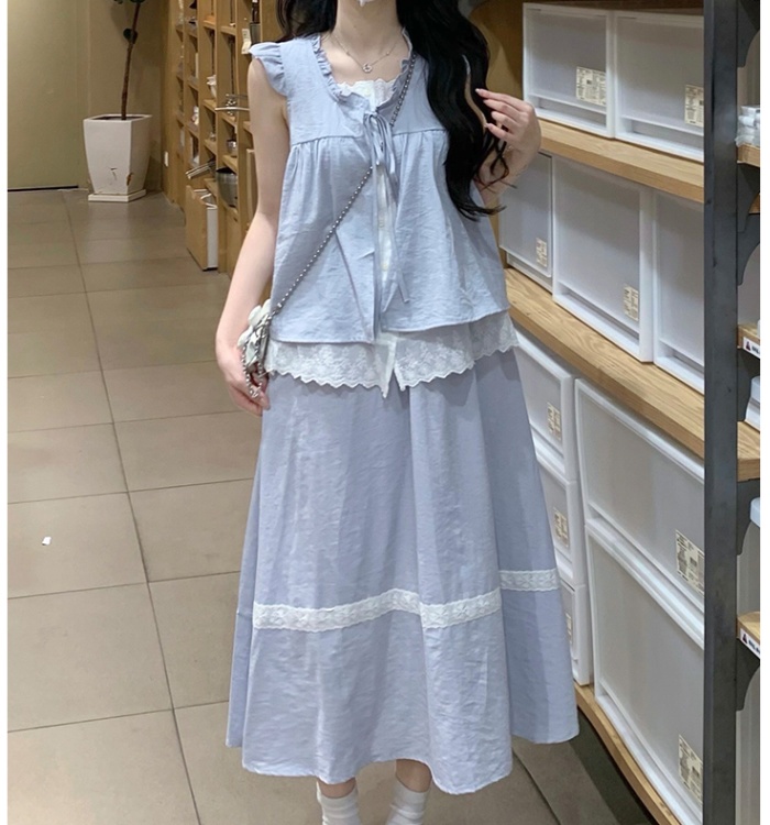 France style Pseudo-two skirt sweet shirt 2pcs set