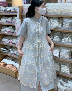 Korean style lace long dress short sleeve loose smock 2pcs set