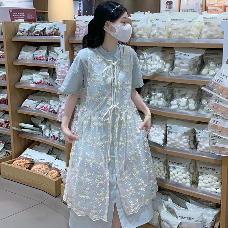 Korean style lace long dress short sleeve loose smock 2pcs set