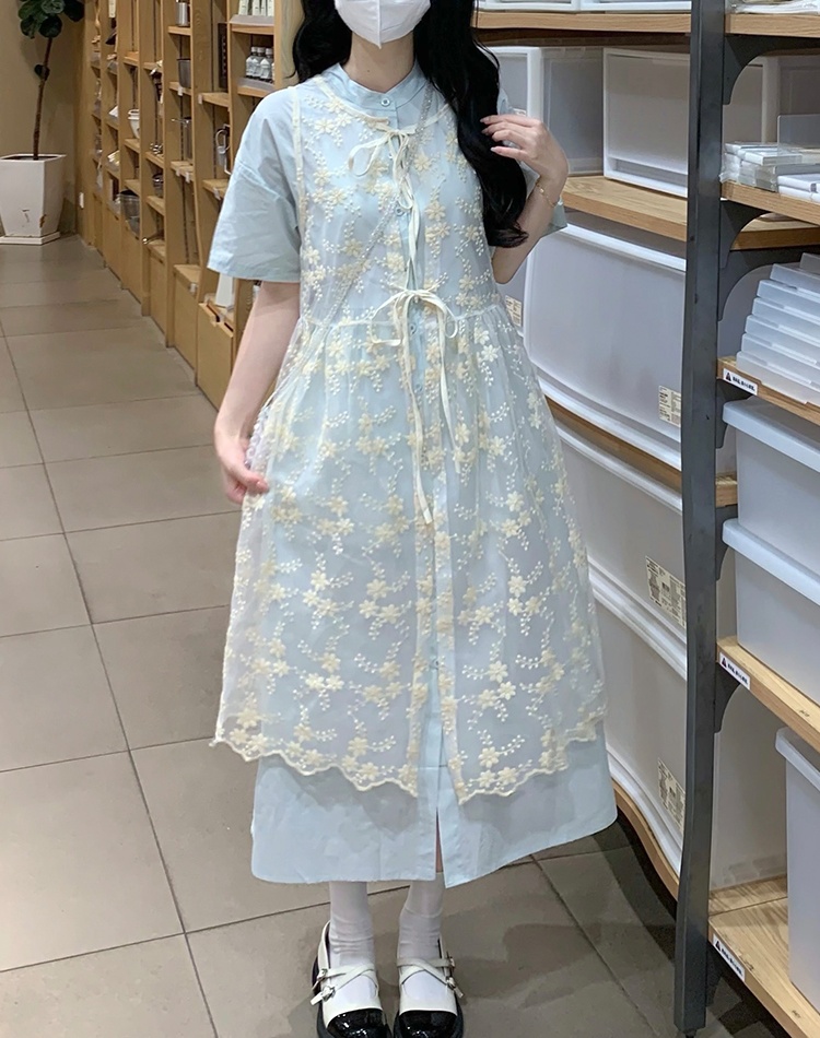Korean style lace long dress short sleeve loose smock 2pcs set
