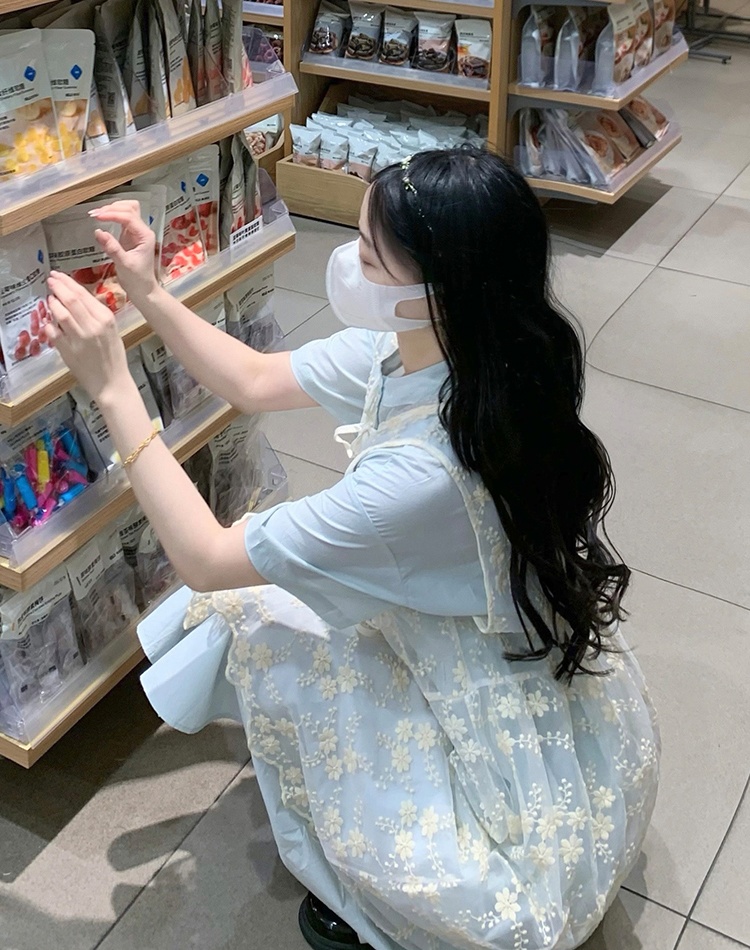 Korean style lace long dress short sleeve loose smock 2pcs set
