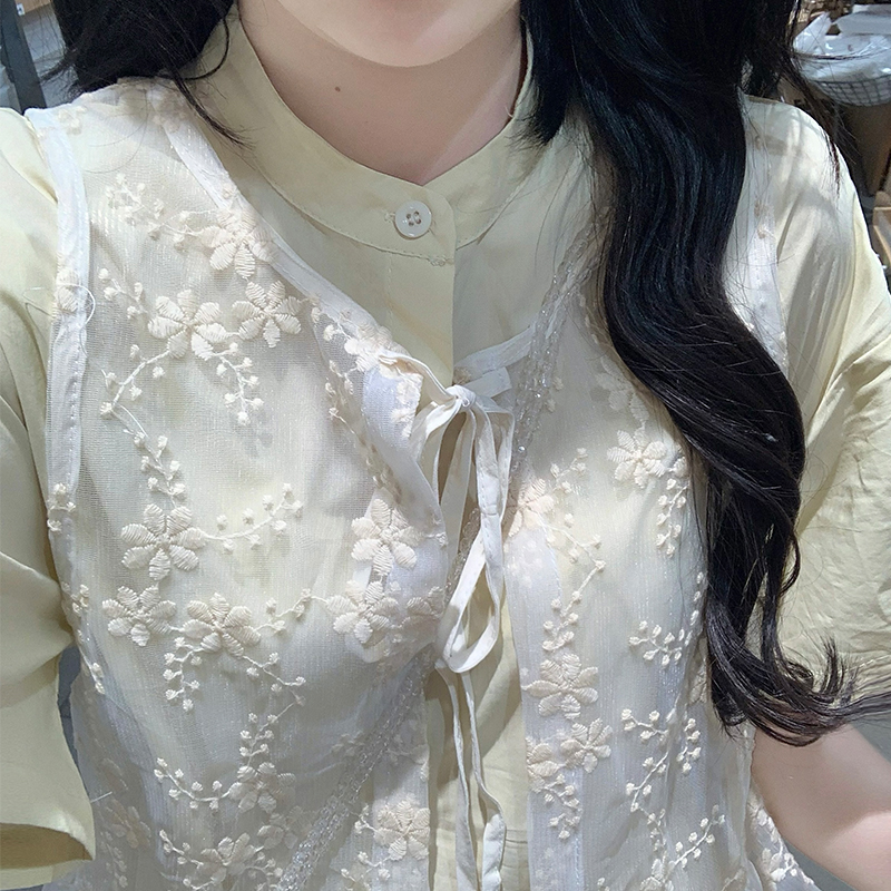 Korean style lace long dress short sleeve loose smock 2pcs set