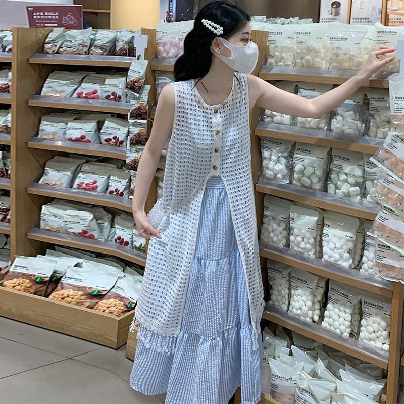 Blue stripe dress summer strap dress a set