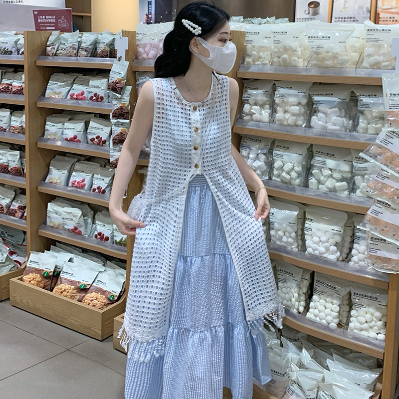 Blue stripe dress summer strap dress a set