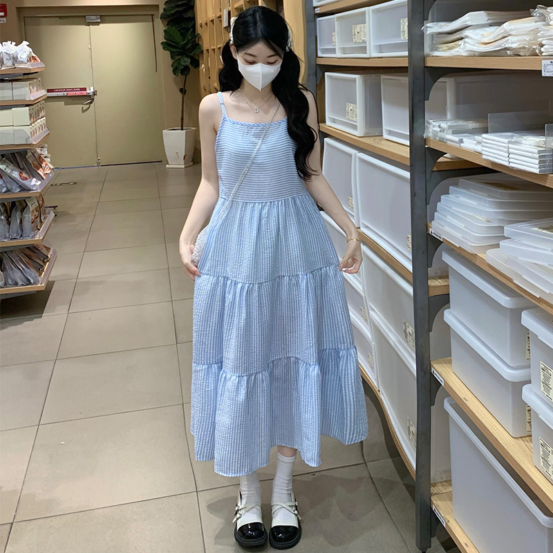 Blue stripe dress summer strap dress a set