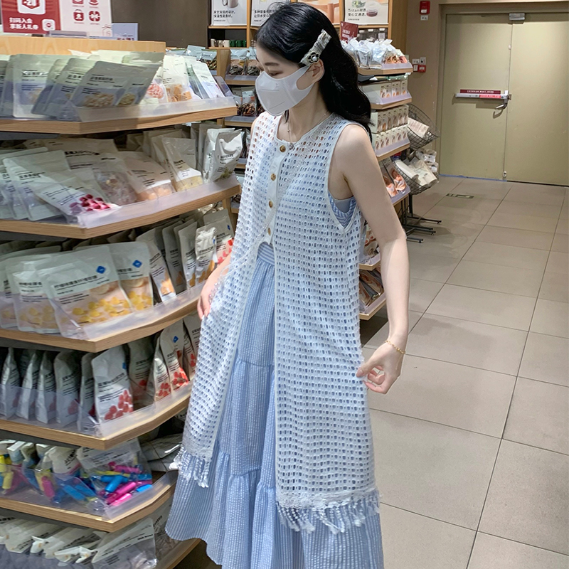 Blue stripe dress summer strap dress a set