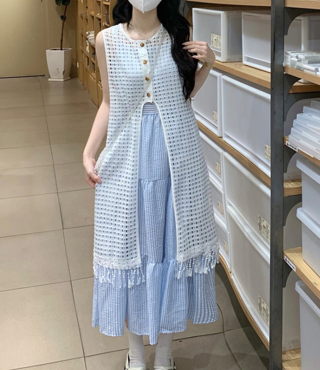 Blue stripe dress summer strap dress a set