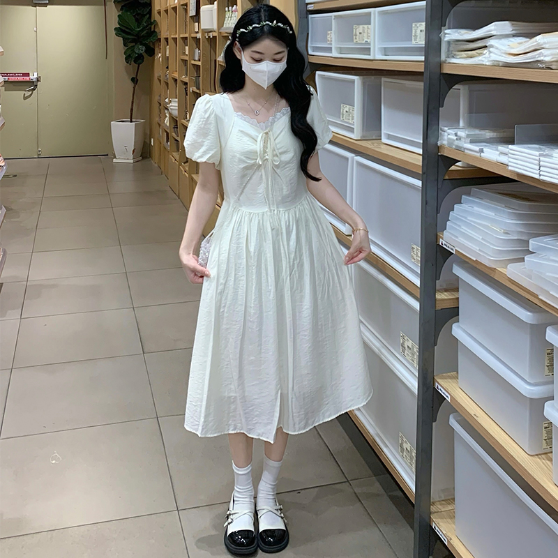 France style pinched waist blue dress