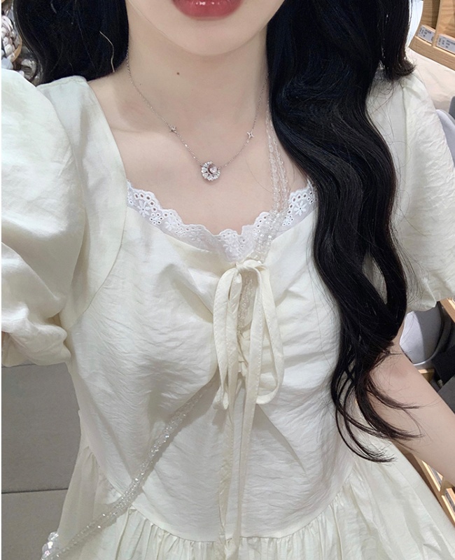 France style pinched waist blue dress