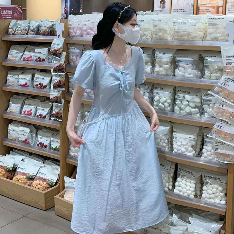 France style pinched waist blue dress