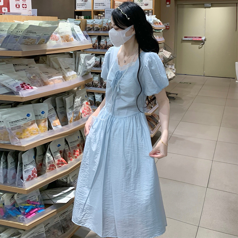 France style pinched waist blue dress
