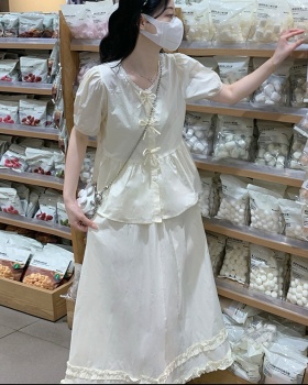 Puff sleeve France style skirt short doll shirt a set