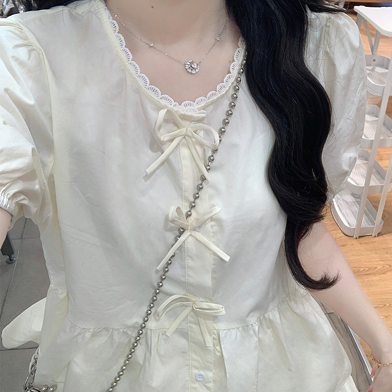 Puff sleeve France style skirt short doll shirt a set
