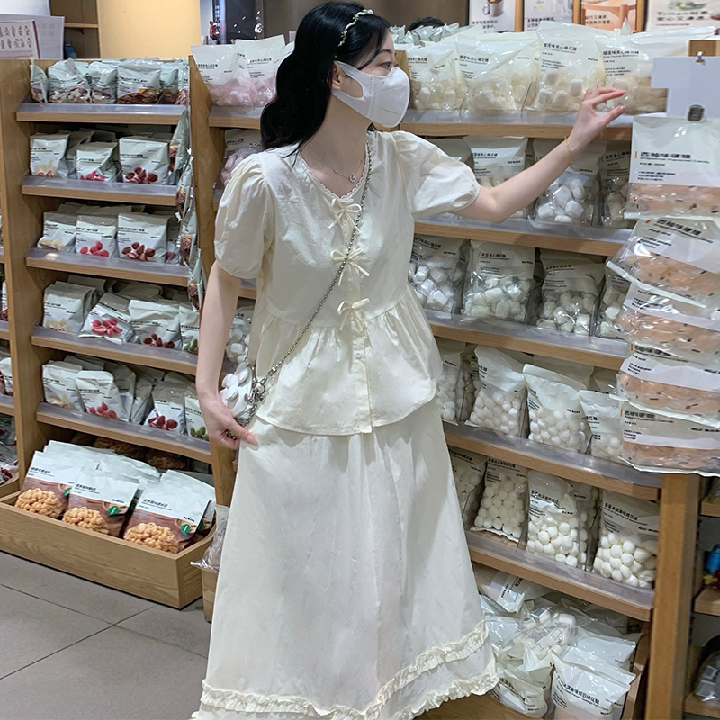 Puff sleeve France style skirt short doll shirt a set