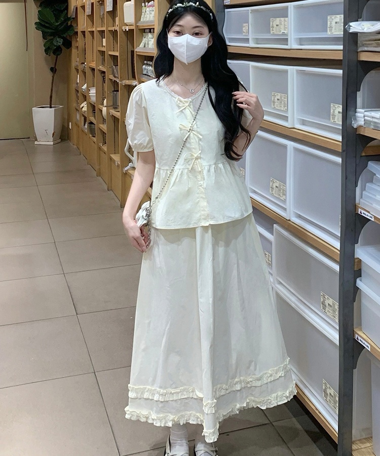 Puff sleeve France style skirt short doll shirt a set