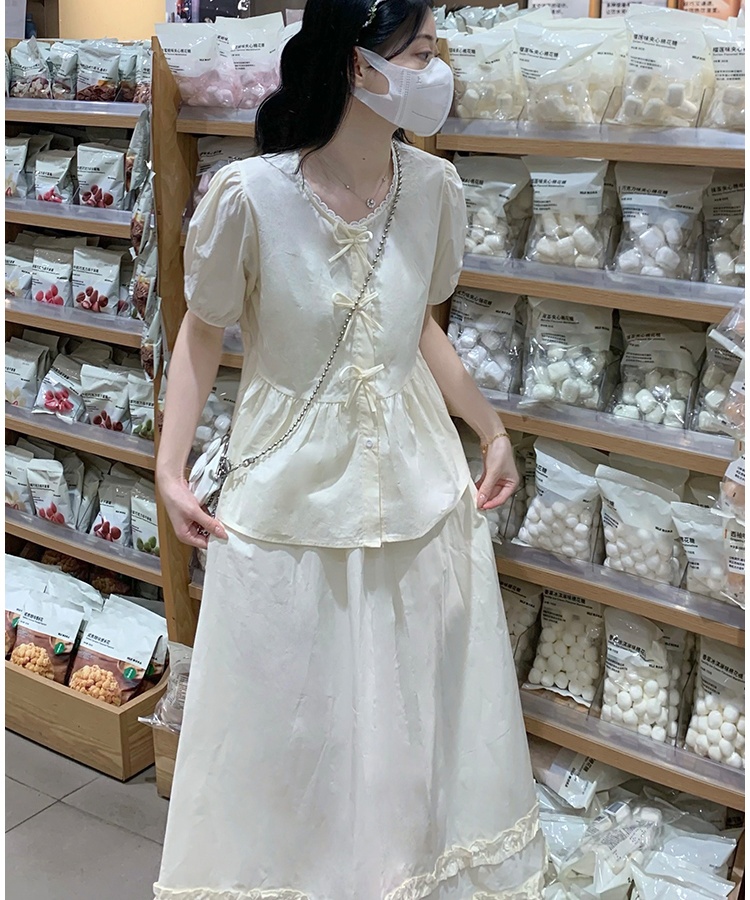 Puff sleeve France style skirt short doll shirt a set