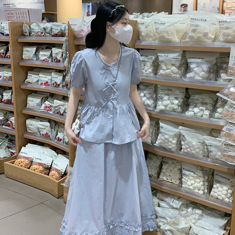 Puff sleeve France style skirt short doll shirt a set