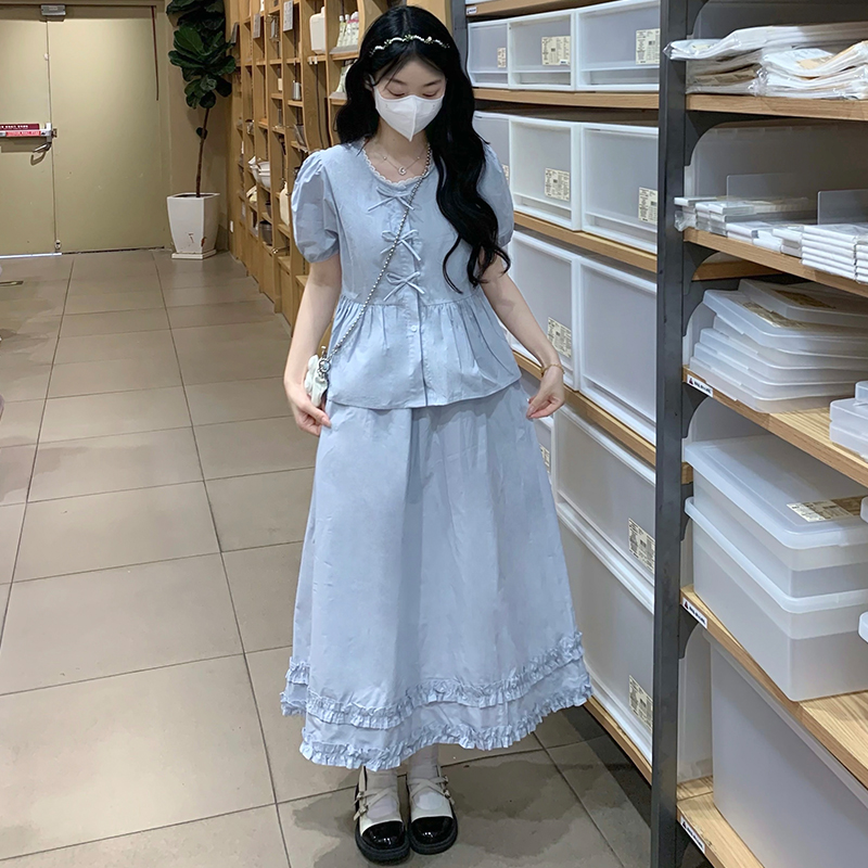 Puff sleeve France style skirt short doll shirt a set
