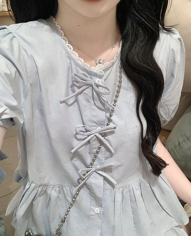 Puff sleeve France style skirt short doll shirt a set