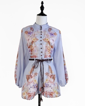 Retro cstand collar printing beading shirt 2pcs set
