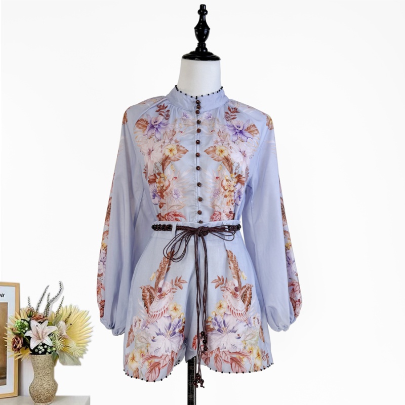 Retro cstand collar printing beading shirt 2pcs set