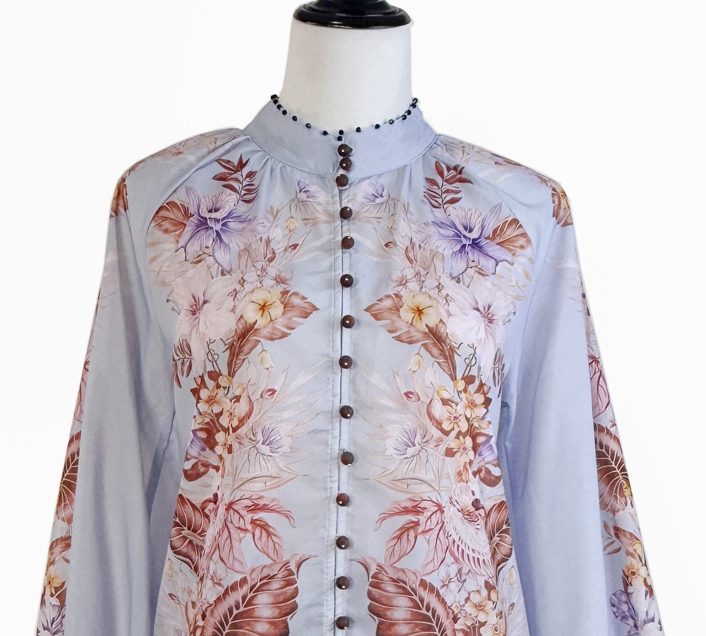 Retro cstand collar printing beading shirt 2pcs set