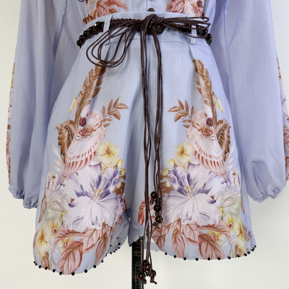 Retro cstand collar printing beading shirt 2pcs set