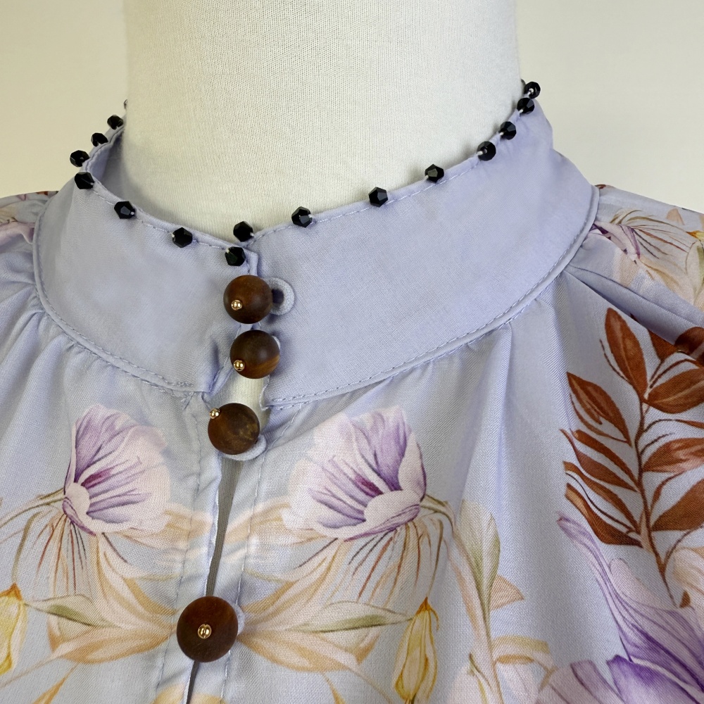 Retro cstand collar printing beading shirt 2pcs set