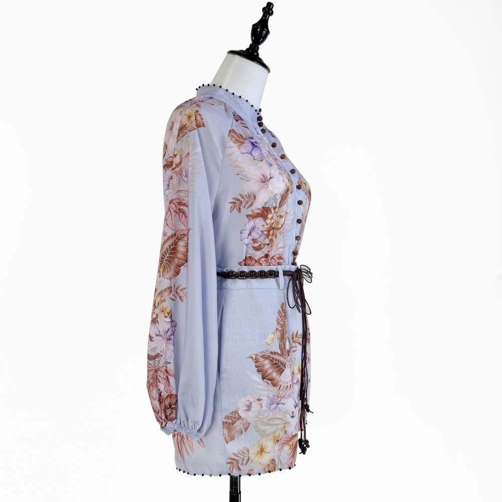 Retro cstand collar printing beading shirt 2pcs set