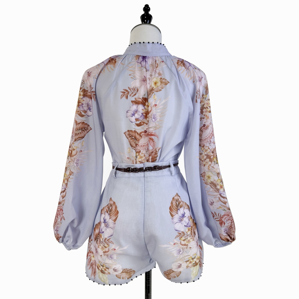 Retro cstand collar printing beading shirt 2pcs set