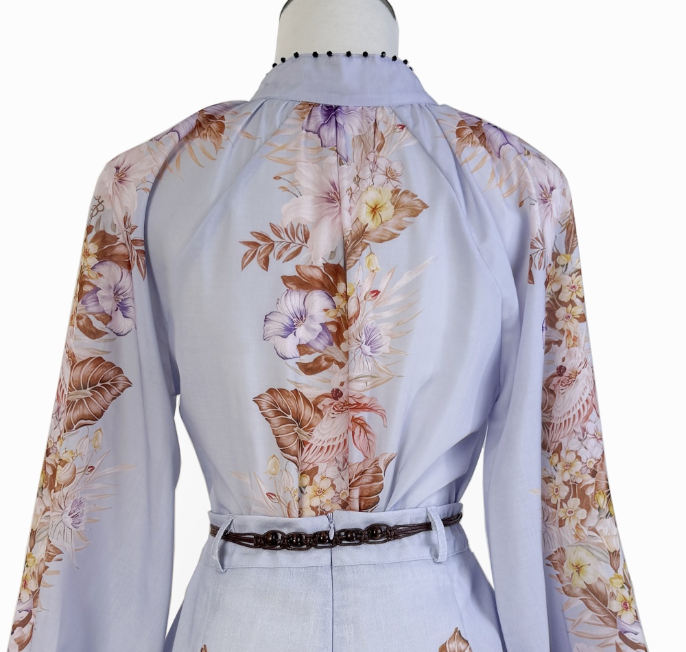 Retro cstand collar printing beading shirt 2pcs set