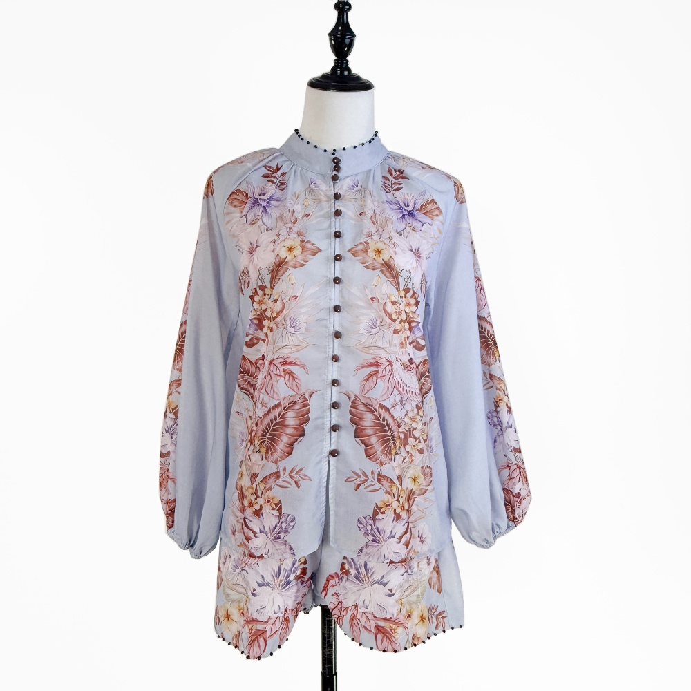 Retro cstand collar printing beading shirt 2pcs set