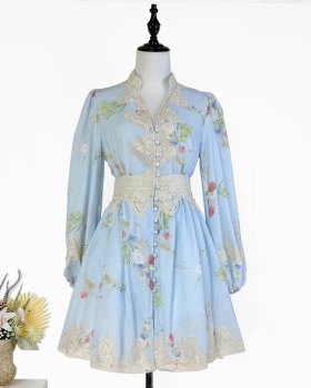 Lace pinched waist blue T-back vacation short dress