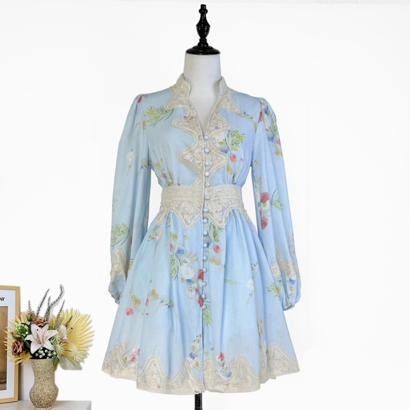 Lace pinched waist blue T-back vacation short dress