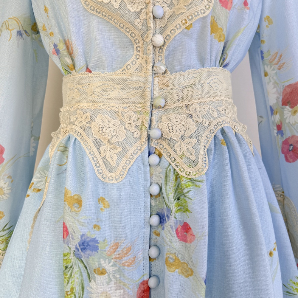 Lace pinched waist blue T-back vacation short dress