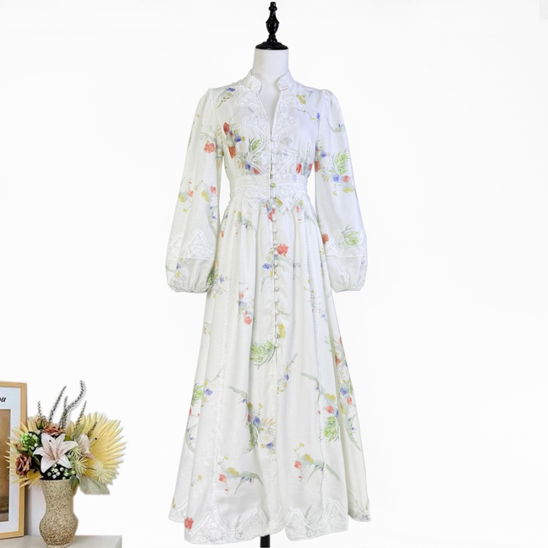 Embroidery V-neck long dress lady vacation dress