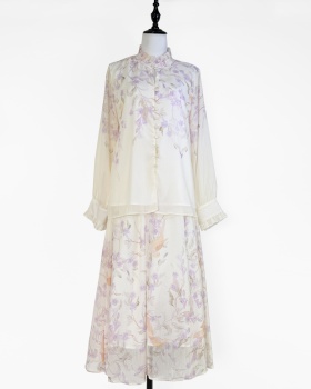 Printing big skirt fungus skirt elegant high waist shirt a set
