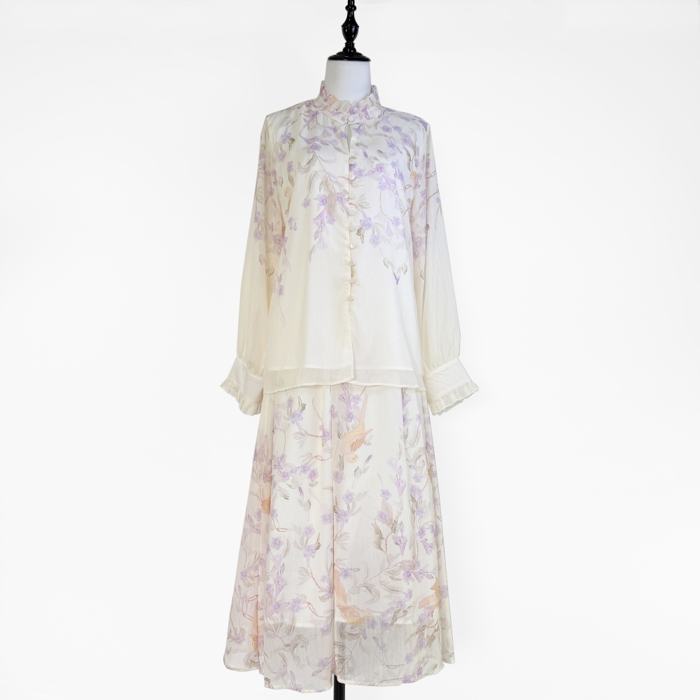 Printing big skirt fungus skirt elegant high waist shirt a set