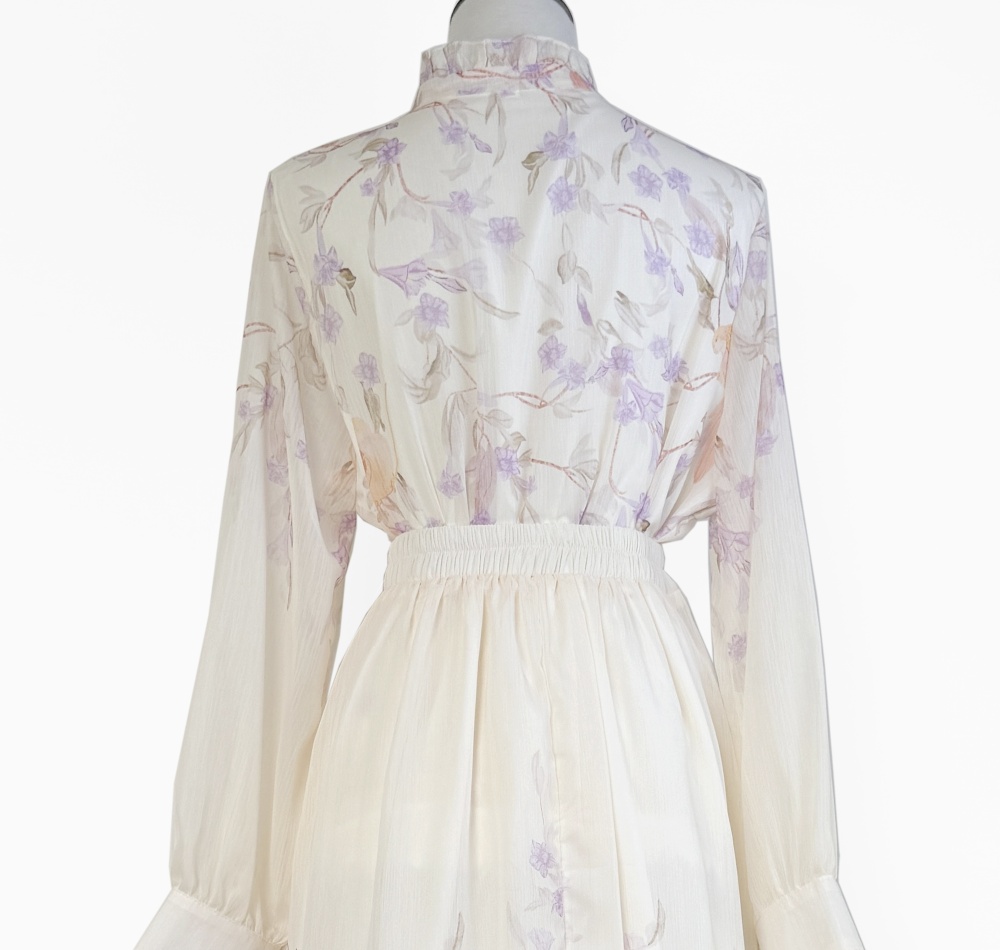 Printing big skirt fungus skirt elegant high waist shirt a set