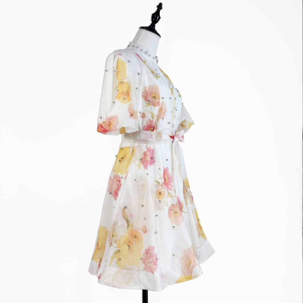 Vacation art T-back puff sleeve single-breasted dress