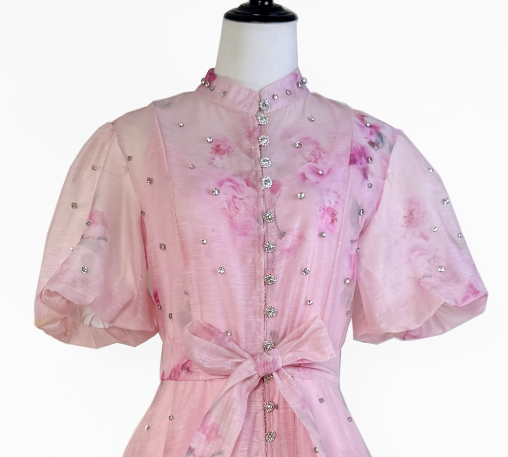 Vacation art T-back puff sleeve single-breasted dress