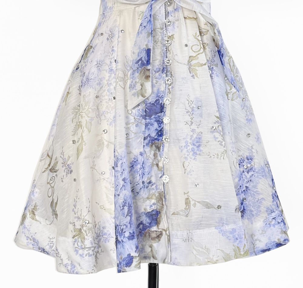 Vacation art T-back puff sleeve single-breasted dress