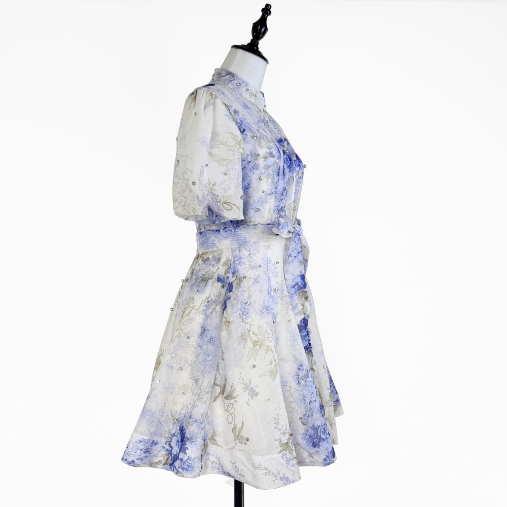 Vacation art T-back puff sleeve single-breasted dress