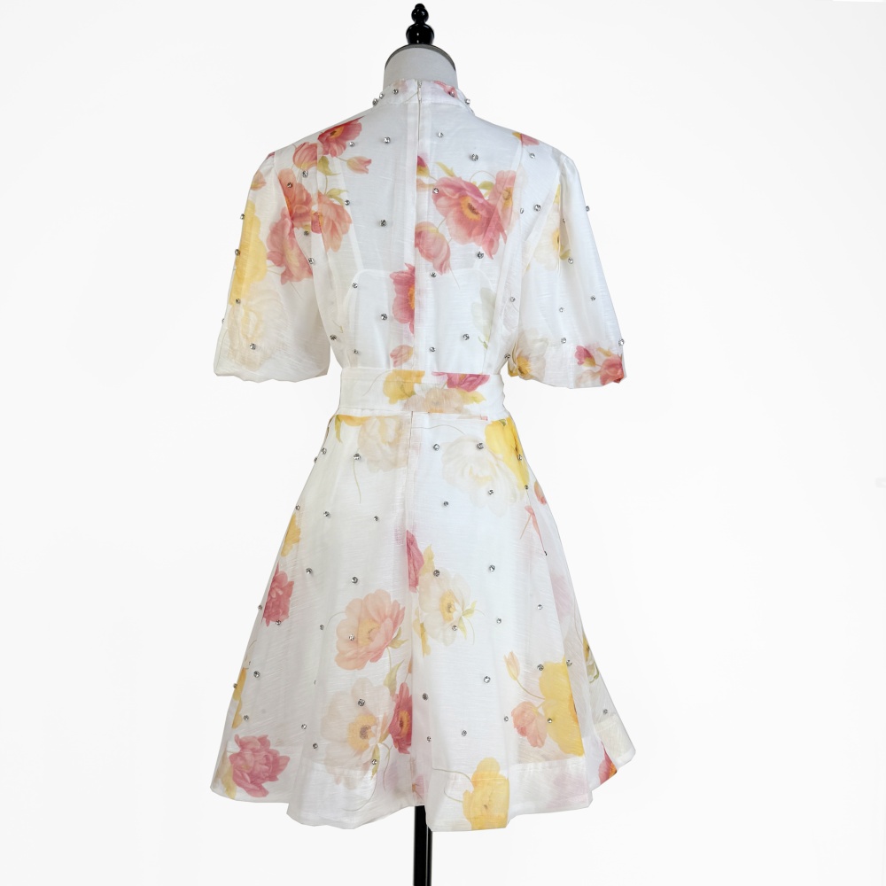 Vacation art T-back puff sleeve single-breasted dress