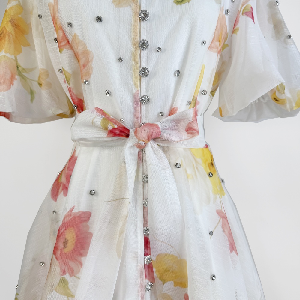 Vacation art T-back puff sleeve single-breasted dress