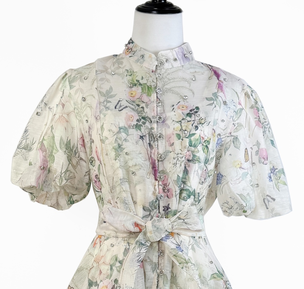 Vacation art T-back puff sleeve single-breasted dress