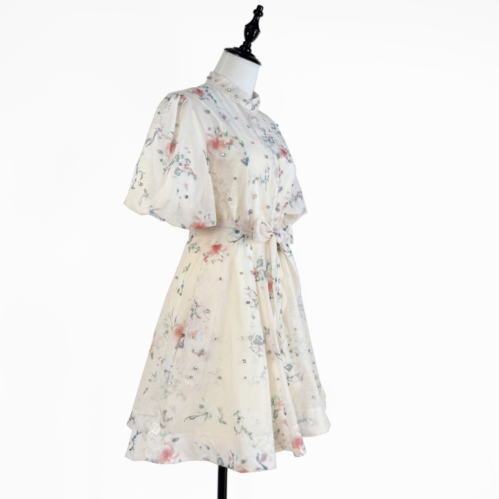 Vacation art T-back puff sleeve single-breasted dress