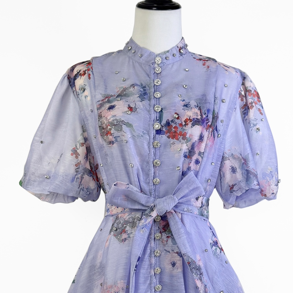 Vacation art T-back puff sleeve single-breasted dress
