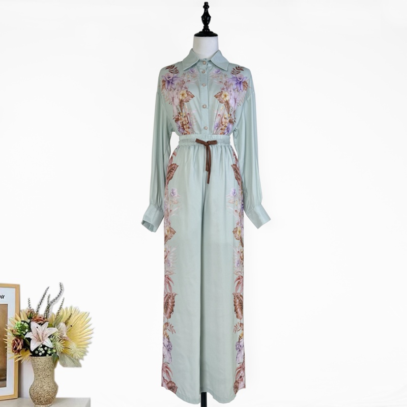 Long sleeve printing shirt satin high waist casual pants for women